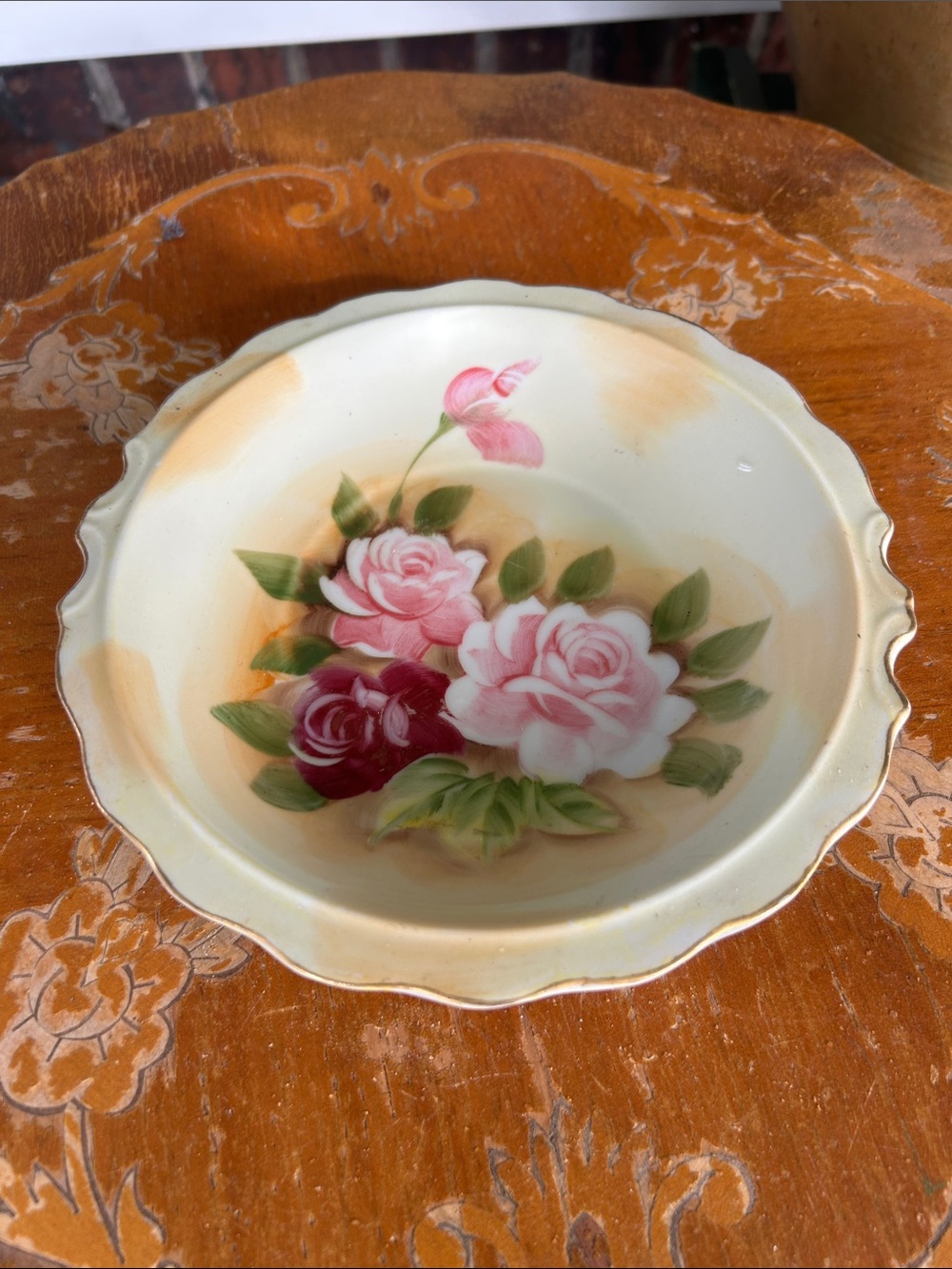 Vintage Hand-Painted Japanese Porcelain Cabbage Rose Bowl Dish